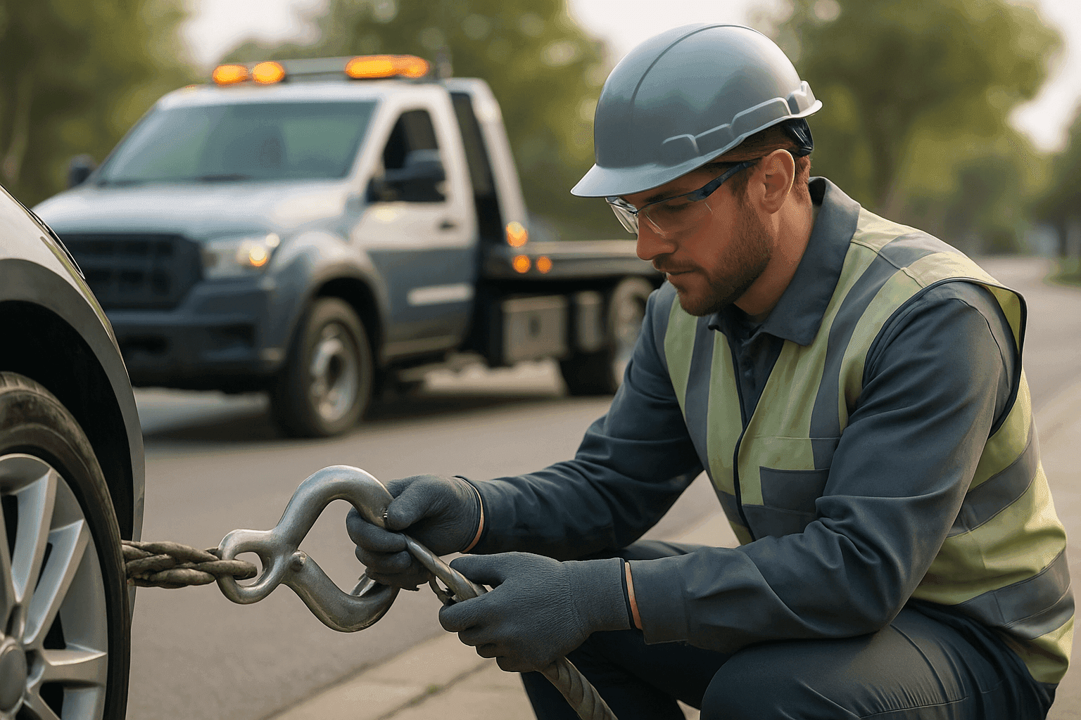 Towing worker in safety gear attaching tow cable to vehicle wheel by roadside