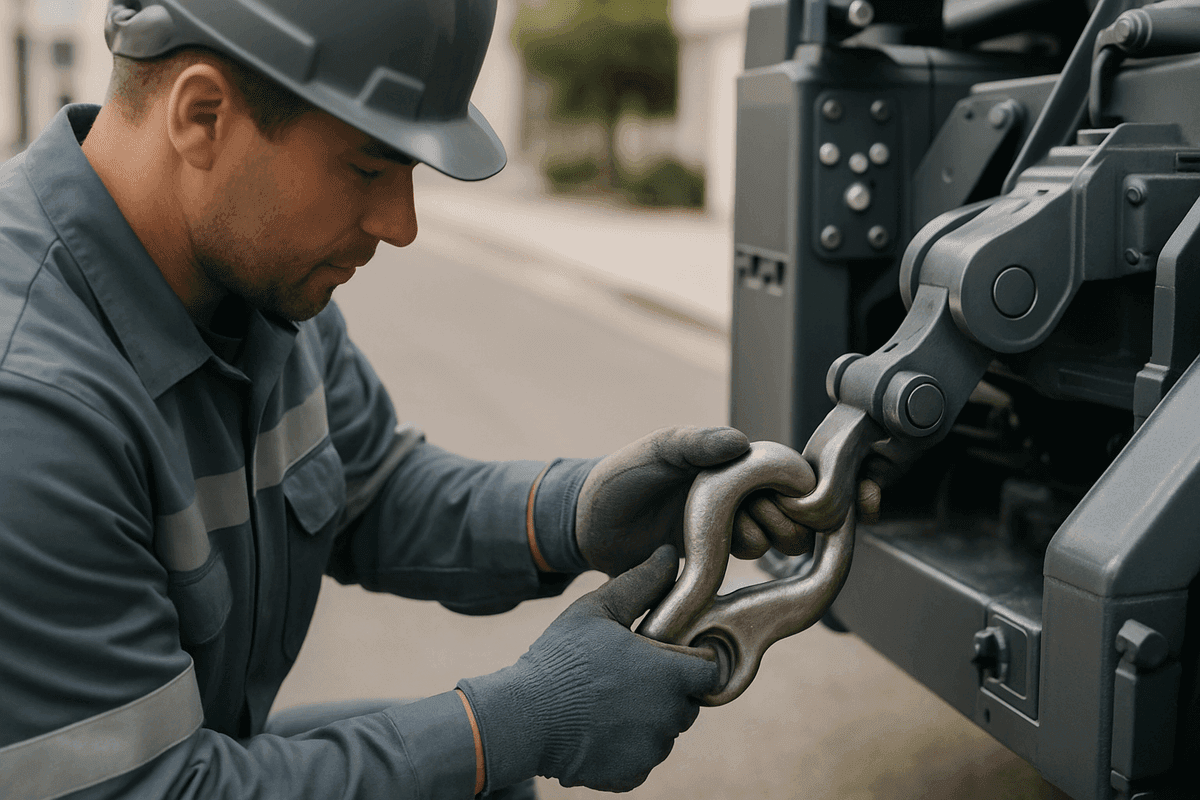 Gloved hands of tow operator securing heavy-duty tow hook to vehicle frame